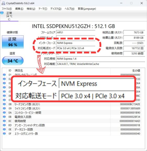 CrystalDiskinfoでのストレージ種類確認