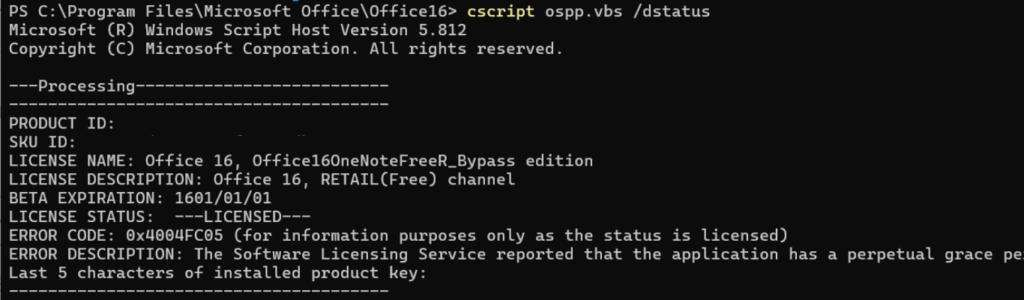 PowerShellでospp.vbsを実行した後の画面