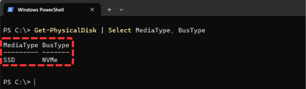PowerShell(ターミナル)でのストレージ種類確認