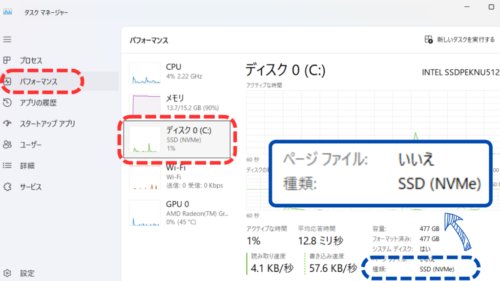 タスクマネージャーでのストレージ種類確認