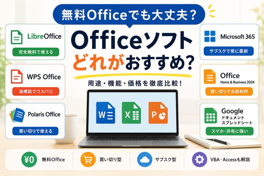 Officeソフト比較の画像（LibreOffice・WPS Office・Microsoft 365・Googleドキュメント・Polaris Office 2の特徴を紹介）